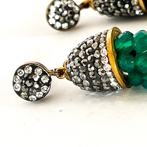 Pave crystal dome in an antique gold setting with jade green beaded strands - Picture 4 of 4